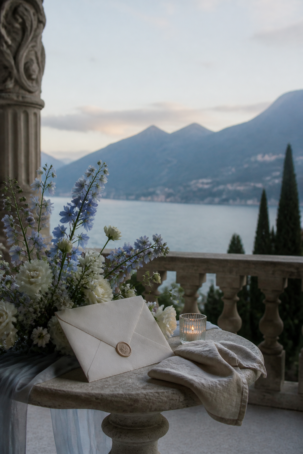 Wedding invitation still life overlooking Lake Como