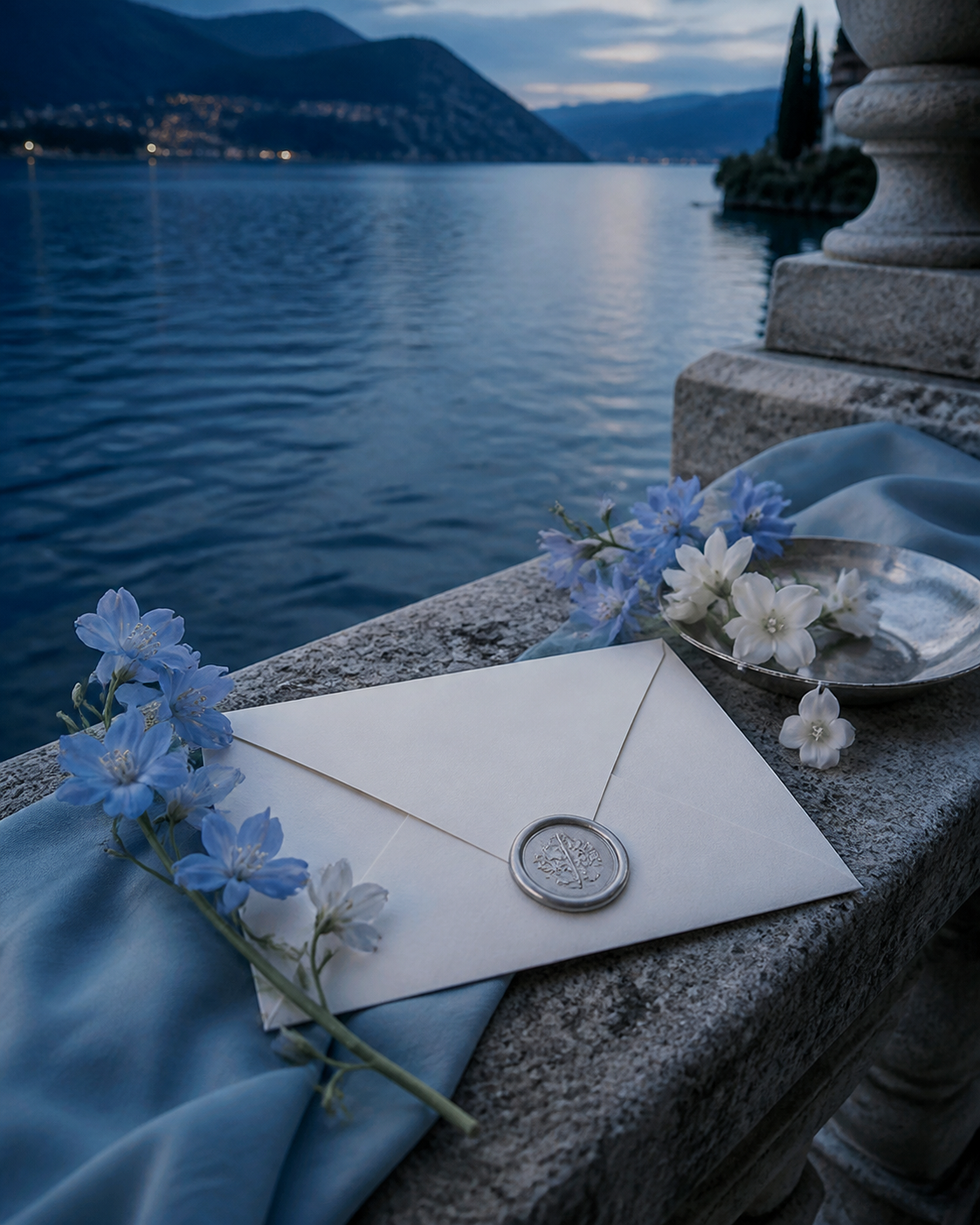 Blue flowers and a silver-sealed invitation beside Lake Como